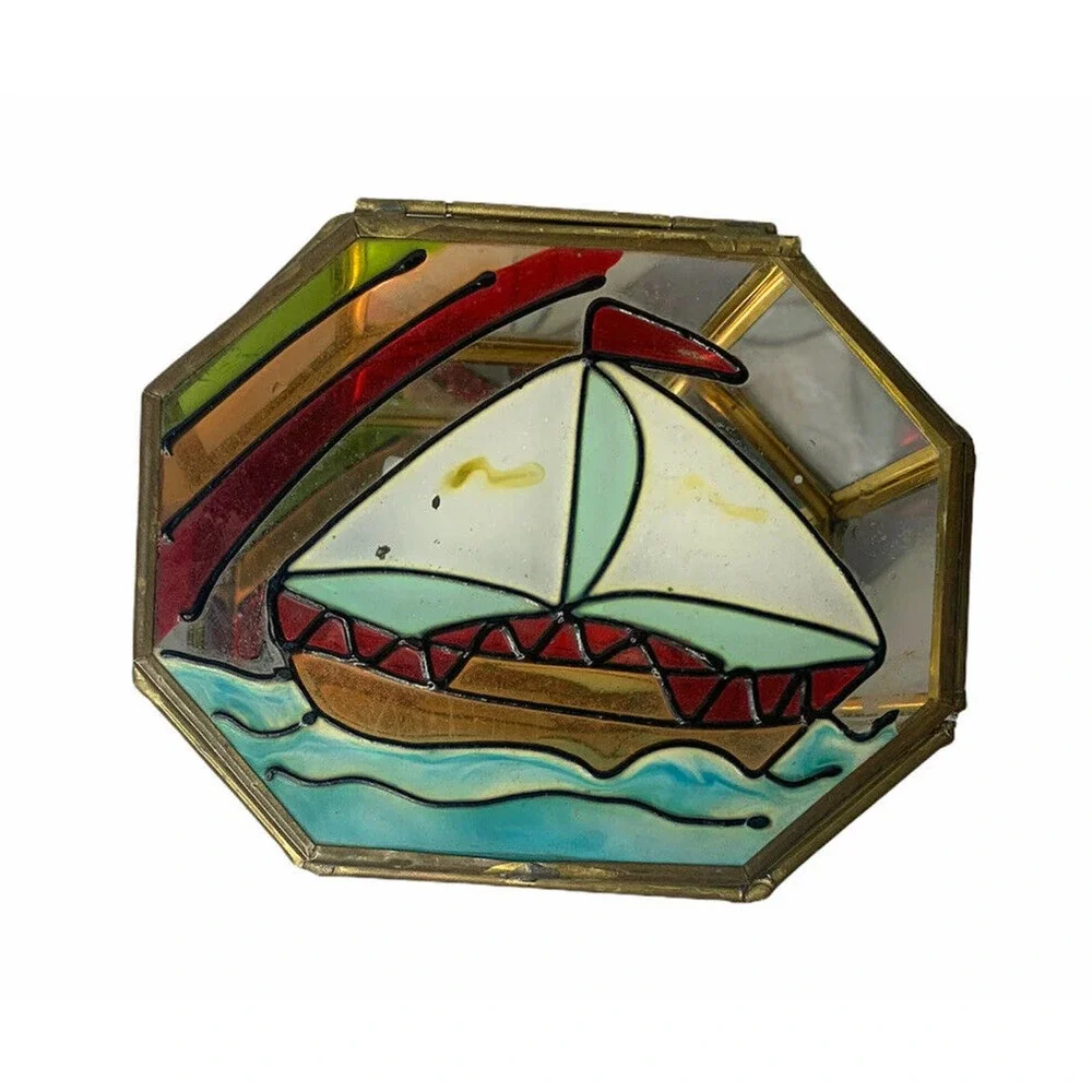 Vintage Stained Glass Sailboat Brass Trimmed Mirror Trinket Jewelry‎ Box Taiwan